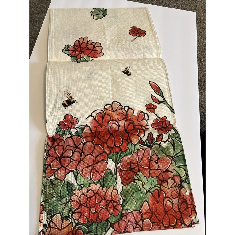 Seliem Table Runner Unisex 13x72 Multicolor New Geranium Bee Floral Burlap C1022